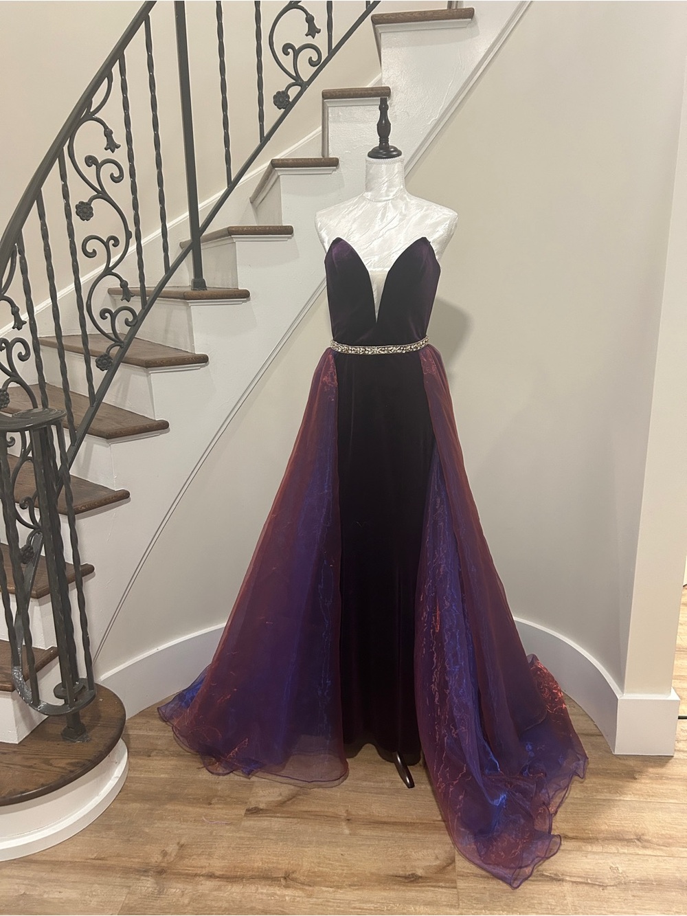 Johnathan Kayne Strapless Purple Velvet Gown with Iridescent Overlay